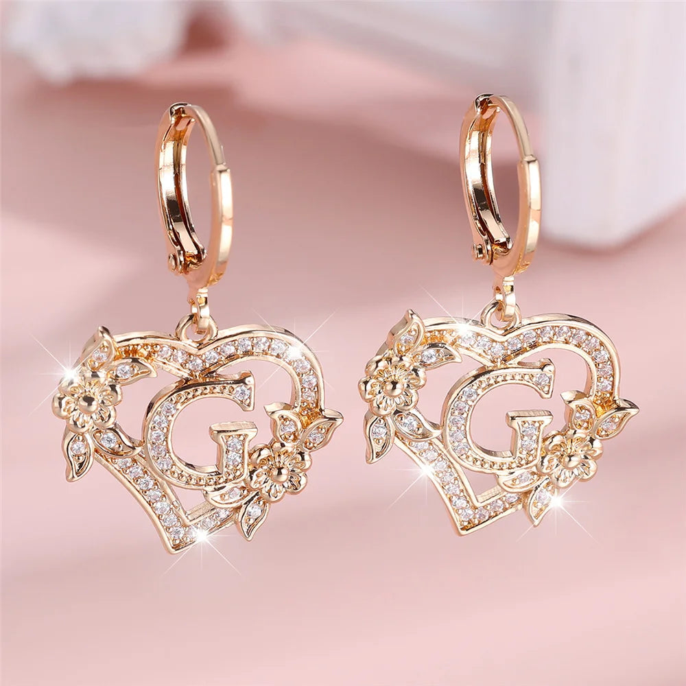 Female A-Z 26 Letter Heart Flower Hoop Earrings Yellow Gold Color White Zircon Wedding Jewelry For Women