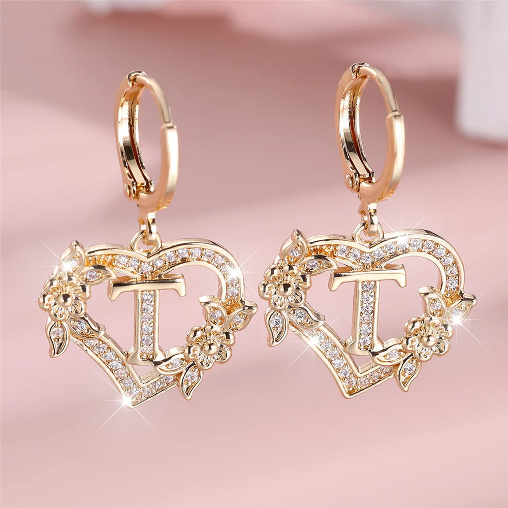 Female A-Z 26 Letter Heart Flower Hoop Earrings Yellow Gold Color White Zircon Wedding Jewelry For Women