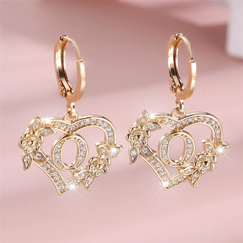 Female A-Z 26 Letter Heart Flower Hoop Earrings Yellow Gold Color White Zircon Wedding Jewelry For Women