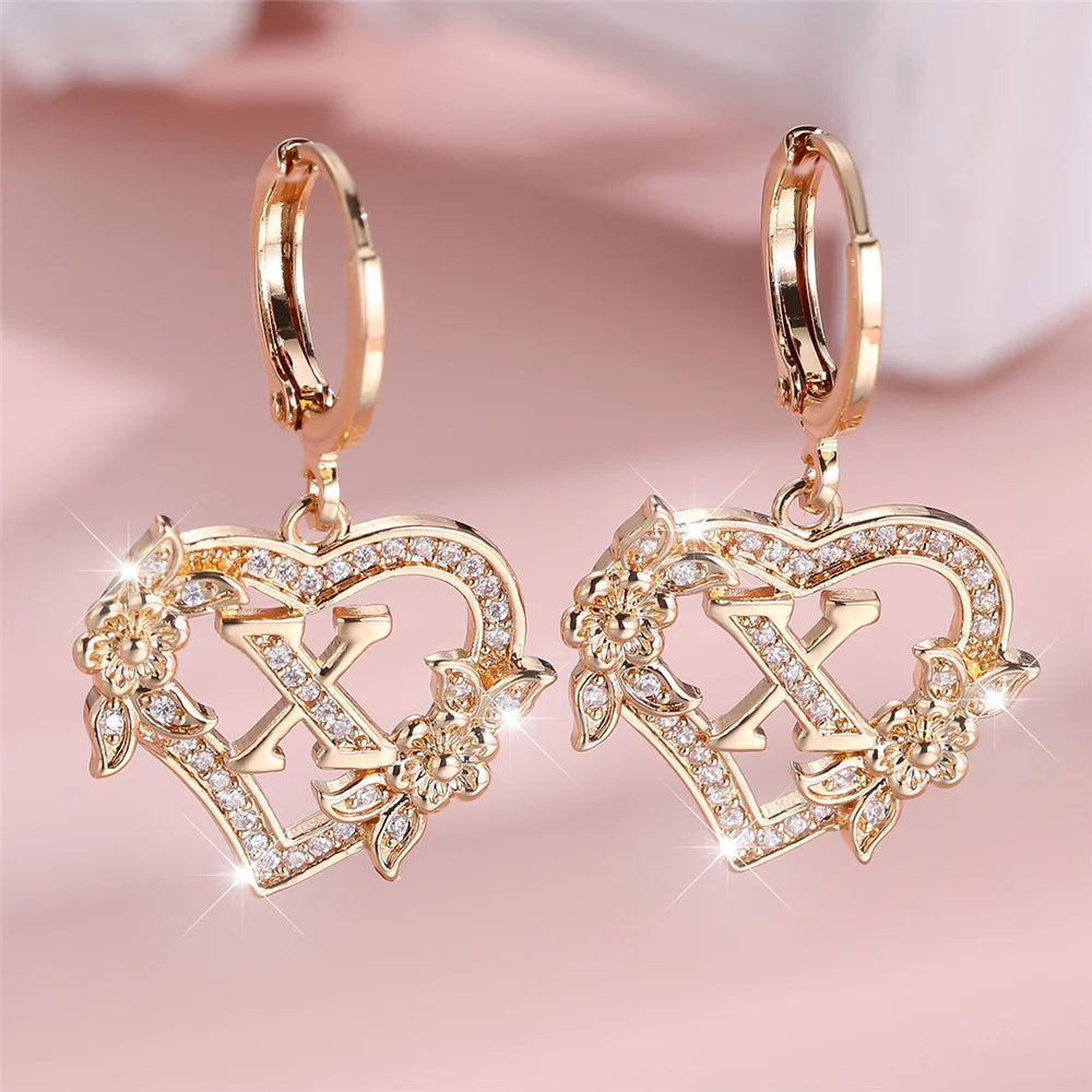 Female A-Z 26 Letter Heart Flower Hoop Earrings Yellow Gold Color White Zircon Wedding Jewelry For Women