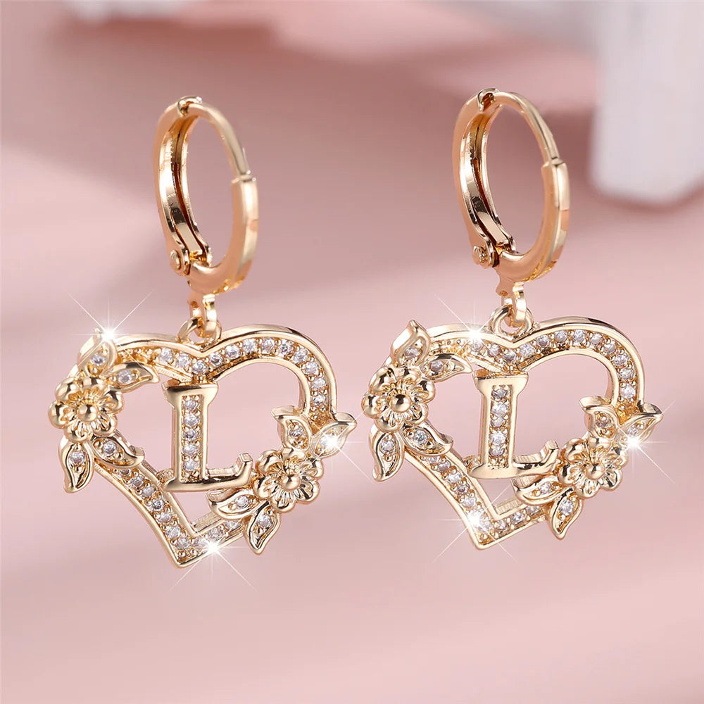 Female A-Z 26 Letter Heart Flower Hoop Earrings Yellow Gold Color White Zircon Wedding Jewelry For Women