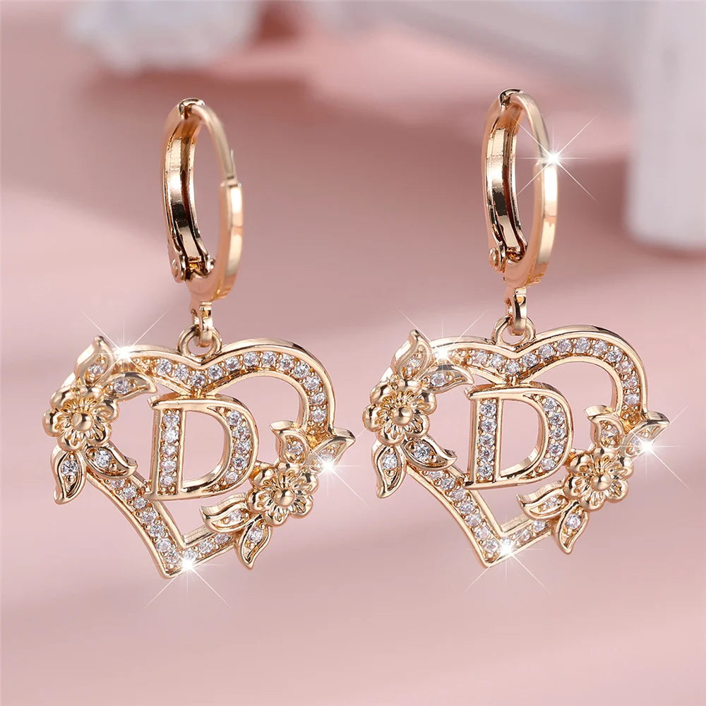 Female A-Z 26 Letter Heart Flower Hoop Earrings Yellow Gold Color White Zircon Wedding Jewelry For Women