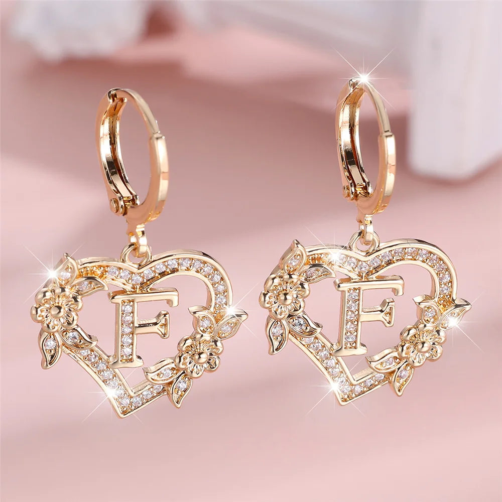 Female A-Z 26 Letter Heart Flower Hoop Earrings Yellow Gold Color White Zircon Wedding Jewelry For Women