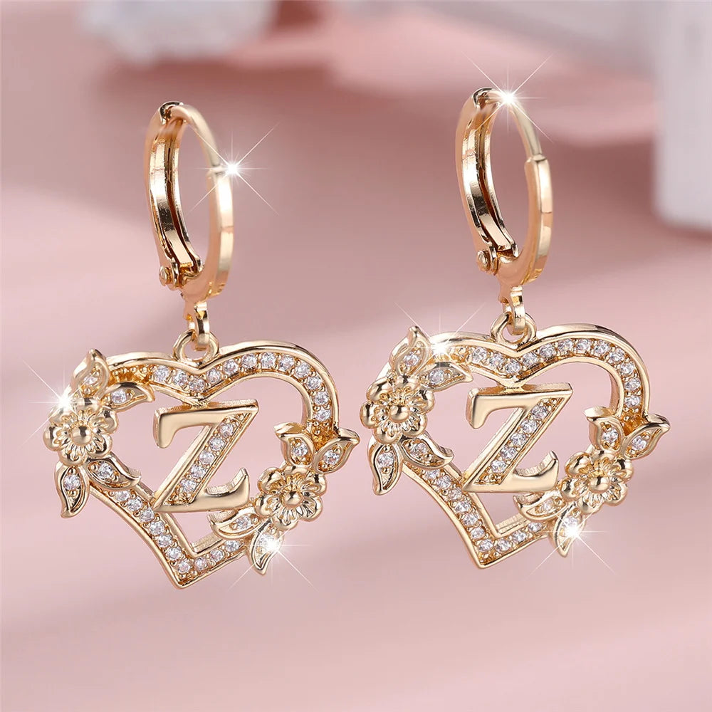 Female A-Z 26 Letter Heart Flower Hoop Earrings Yellow Gold Color White Zircon Wedding Jewelry For Women