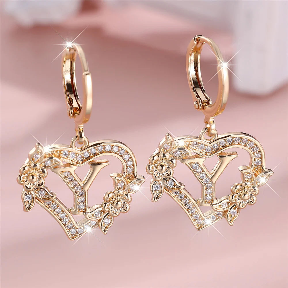 Female A-Z 26 Letter Heart Flower Hoop Earrings Yellow Gold Color White Zircon Wedding Jewelry For Women