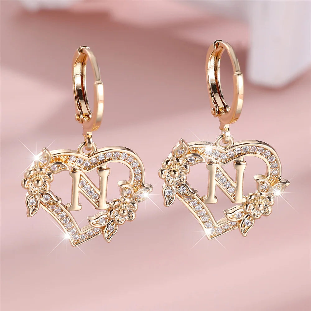 Female A-Z 26 Letter Heart Flower Hoop Earrings Yellow Gold Color White Zircon Wedding Jewelry For Women