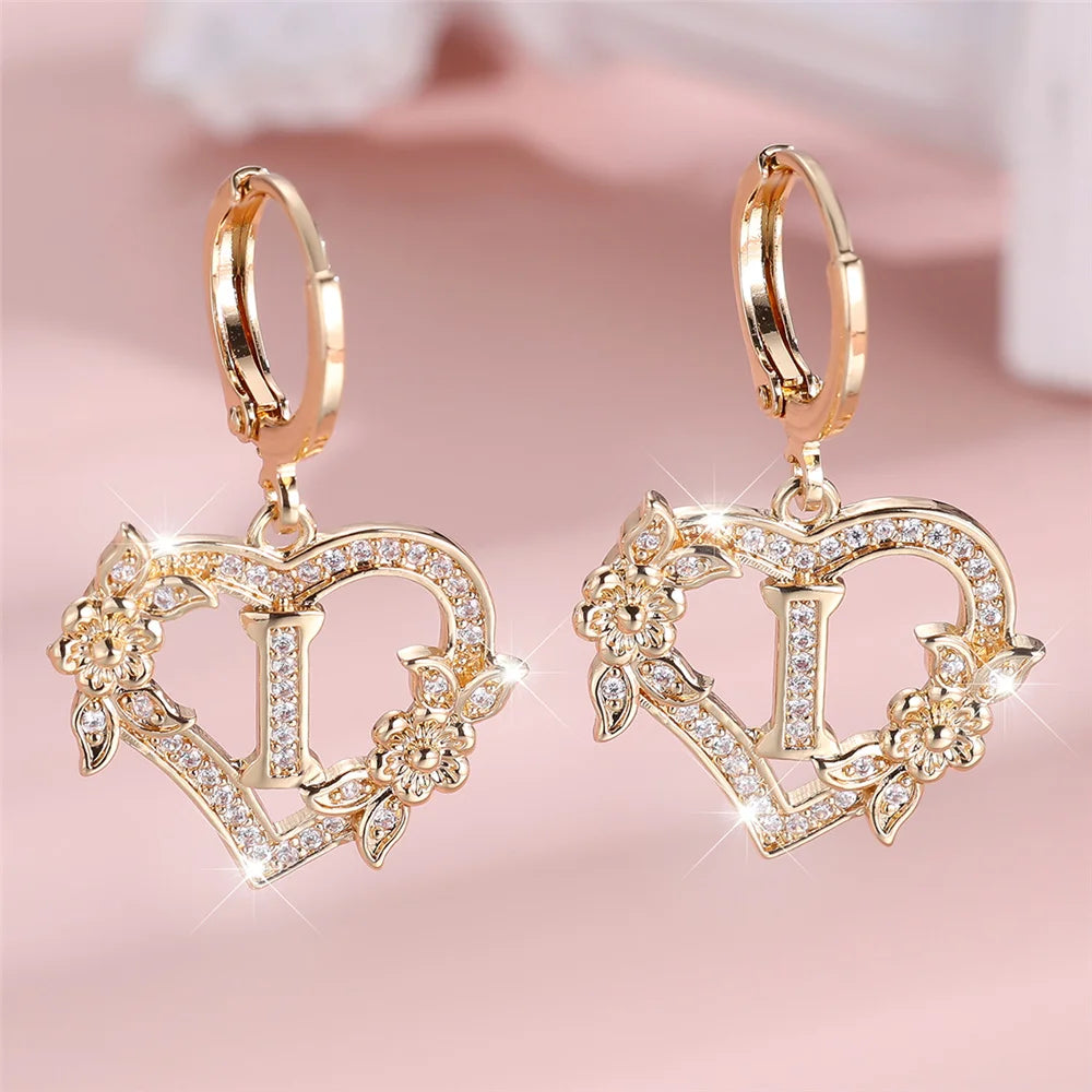 Female A-Z 26 Letter Heart Flower Hoop Earrings Yellow Gold Color White Zircon Wedding Jewelry For Women