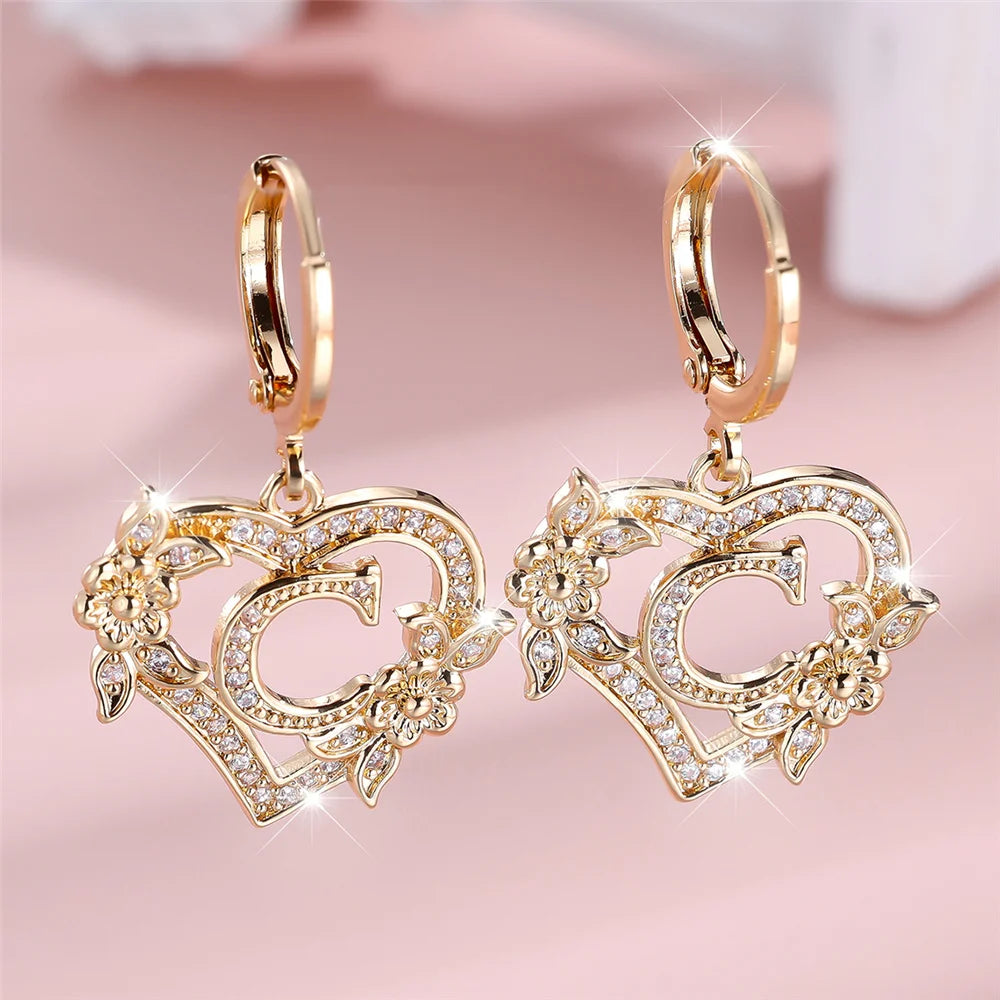 Female A-Z 26 Letter Heart Flower Hoop Earrings Yellow Gold Color White Zircon Wedding Jewelry For Women