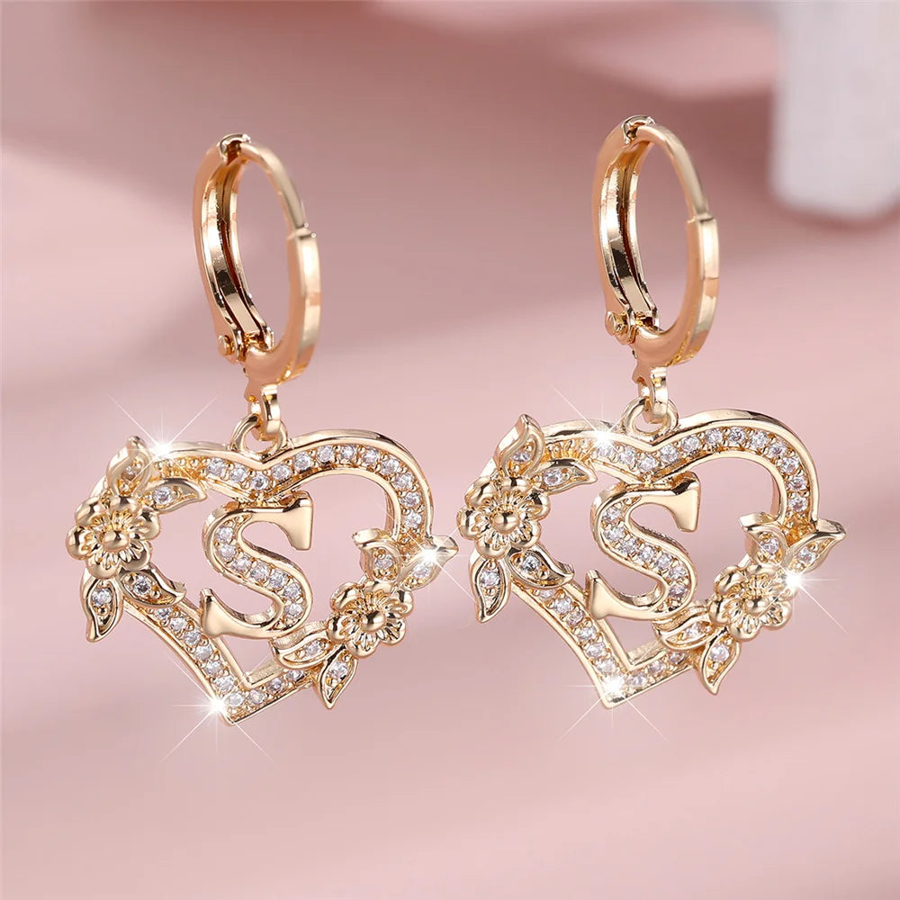 Female A-Z 26 Letter Heart Flower Hoop Earrings Yellow Gold Color White Zircon Wedding Jewelry For Women