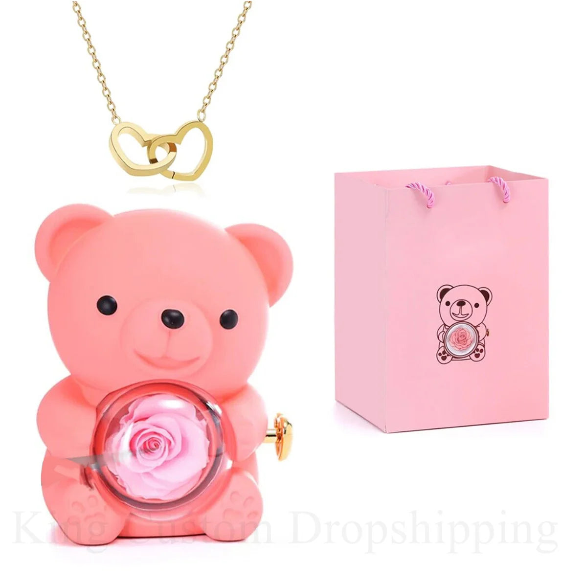 2025 New Eternal Flower Rotating Rose Bear Jewelry Box Custom Name Jewelry Necklace Birthday Gift for Family and Friends