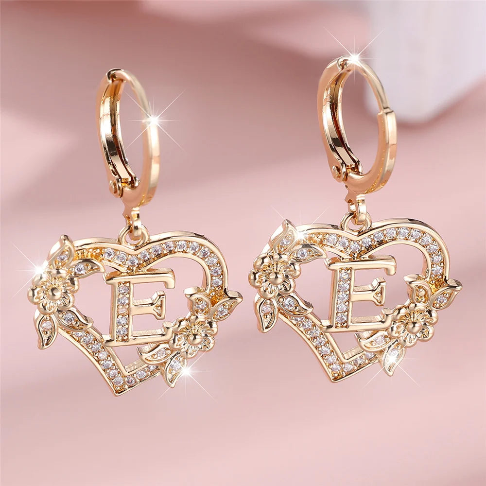 Female A-Z 26 Letter Heart Flower Hoop Earrings Yellow Gold Color White Zircon Wedding Jewelry For Women