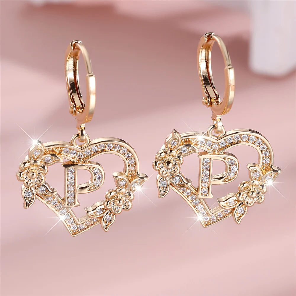 Female A-Z 26 Letter Heart Flower Hoop Earrings Yellow Gold Color White Zircon Wedding Jewelry For Women