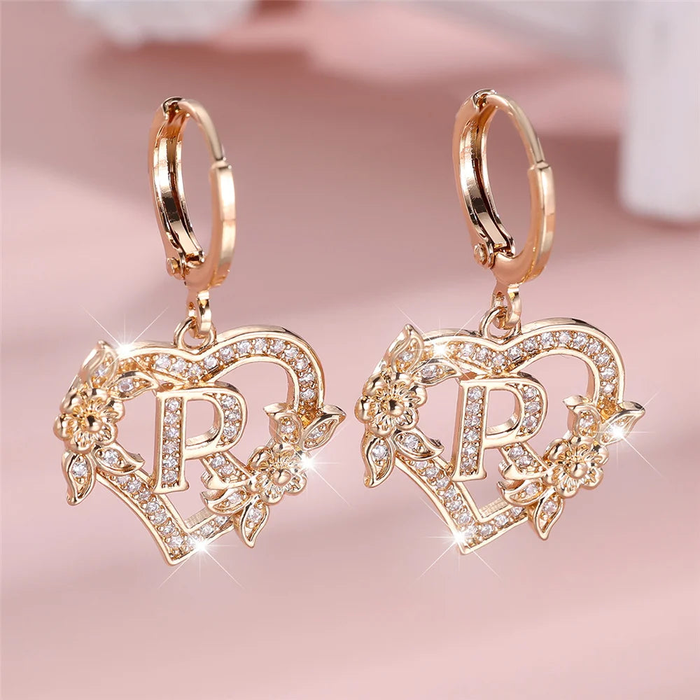 Female A-Z 26 Letter Heart Flower Hoop Earrings Yellow Gold Color White Zircon Wedding Jewelry For Women