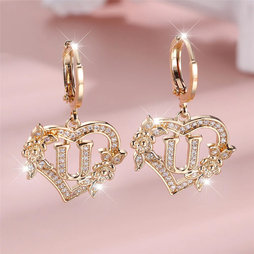 Female A-Z 26 Letter Heart Flower Hoop Earrings Yellow Gold Color White Zircon Wedding Jewelry For Women