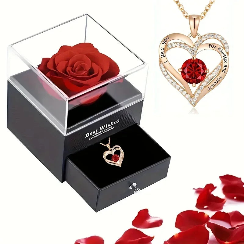 Luxury Red Zircon Pendant Necklaces With Rose Flower Gift Box For Girlfriend Women I Love You Gifts 2025Trendy Wedding Jewelry