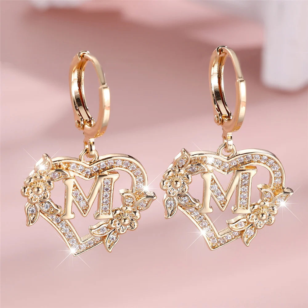 Female A-Z 26 Letter Heart Flower Hoop Earrings Yellow Gold Color White Zircon Wedding Jewelry For Women