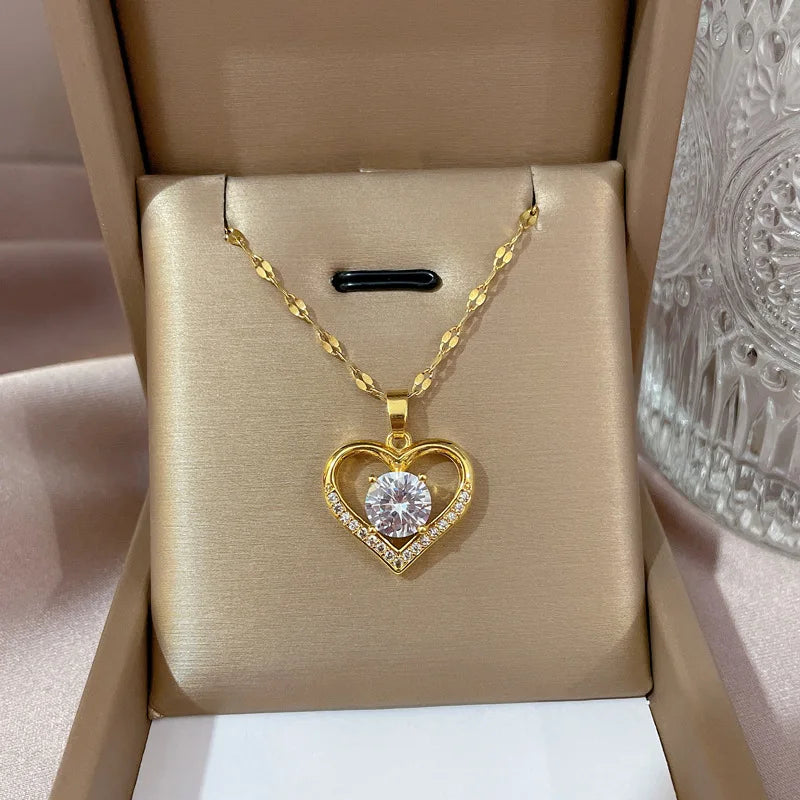 Artificial Gems Heart Pendant Necklace for women 2025 Golden Stainless Steel Lips Neck Chain Female Necklaces Jewelry for Girl